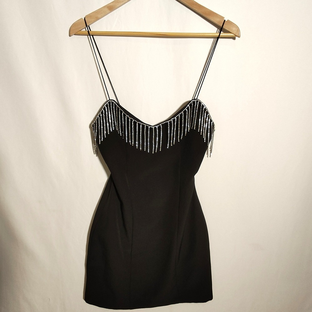 Zara Mini Dress Women's XS Black Rhinestone Fringe Spaghetti Strap NWOT